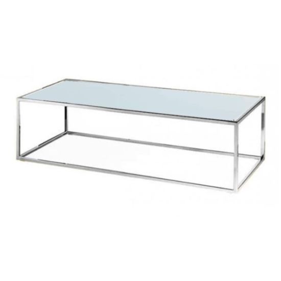 Silver stainless-steel Splendor coffee table with minimalist rectangular top and sleek metallic frame, ideal for modern event lounge décor