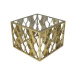 Square gold coffee table with a sculptural metal base featuring layered half-moon motifs and a clear glass top for a luxe modern aesthetic