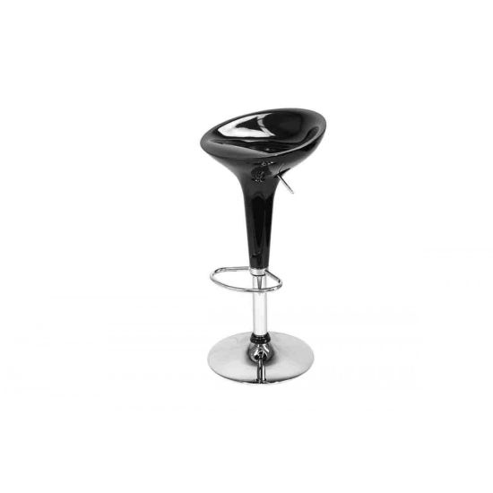 Black scoop-seat adjustable metal bar stool with chrome base and foot-rail, sleek contemporary event bar seating solution