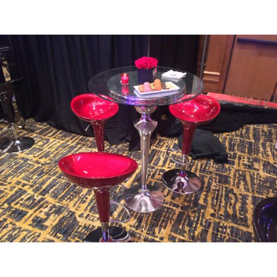 Black scoop-seat adjustable metal bar stool with chrome base and foot-rail, sleek contemporary event bar seating solution
