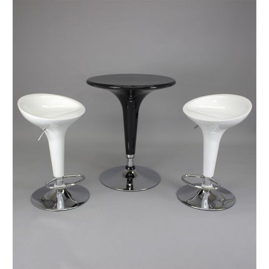 Black scoop-seat adjustable metal bar stool with chrome base and foot-rail, sleek contemporary event bar seating solution