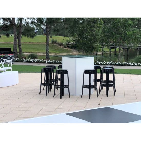 Ghost barstool without backrest made of transparent acrylic with square seat and modern clear frame for bar and event seating