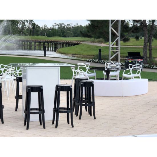 Ghost barstool without backrest made of transparent acrylic with square seat and modern clear frame for bar and event seating