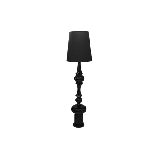 Tall black Glam table lamp with tapered shade and stacked sculpted base, statement accent lighting for event lounges and décor styling.