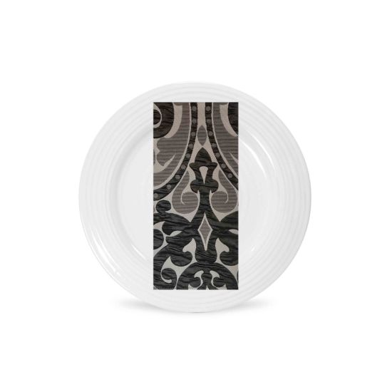 Cast iron damasco napkin with bold dark damask scroll pattern, folded on a white plate for dramatic wedding and formal event tables