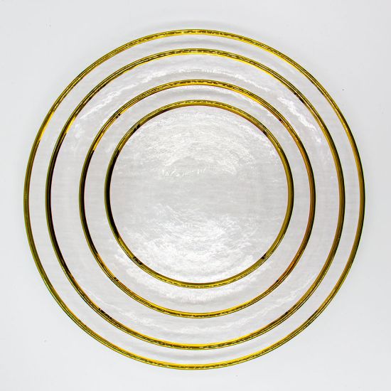 Eclipse dessert plate with white textured surface and thin metallic gold rim, round minimalist design on a white background for elegant table settings