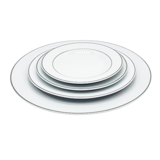 White coffee cup with silver rim detail and handle, shown on a white background
