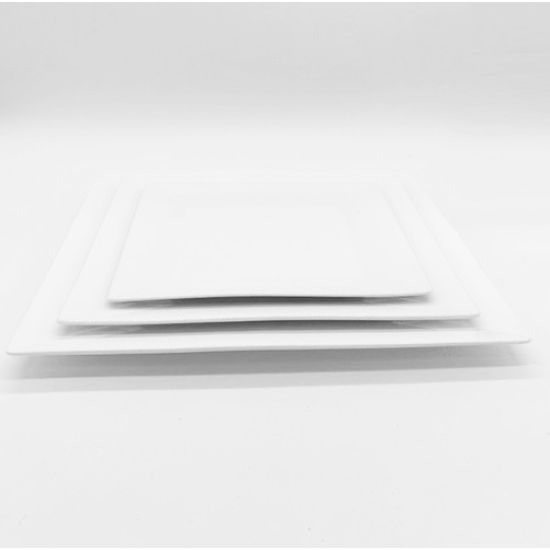 White square salad plate with slightly raised rim and subtle corner detailing, medium square plate on a white background