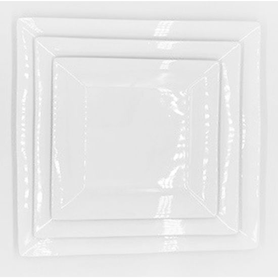 White square salad plate with slightly raised rim and subtle corner detailing, medium square plate on a white background