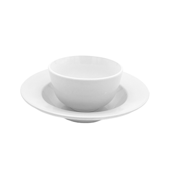 White shallow pasta bowl (10oz) with wide rim, shown on a white background