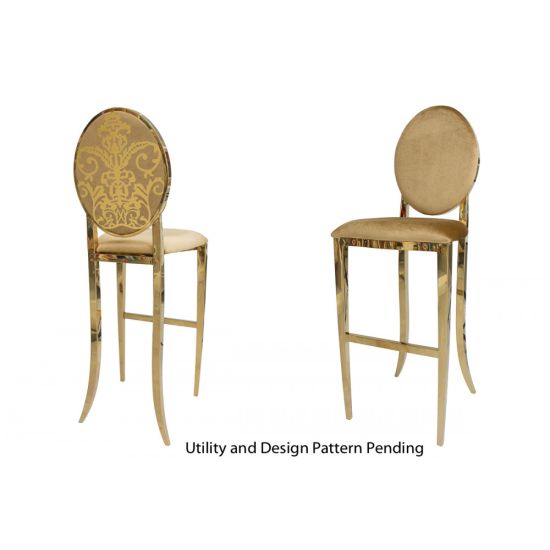 Gold decoDior bar stool with Gold cushioned seat, oval backrest and foot-rail base, luxe bar-height event seating