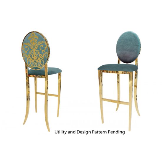 Gold decoDior bar stool with Tiffany Blue cushioned seat, oval backrest and foot-rail base, luxe bar-height event seating