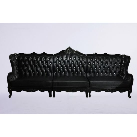 Black Empress 3-piece tufted sofa with ornate carved frame and high back, luxury lounge seating rental for weddings, galas, and events.