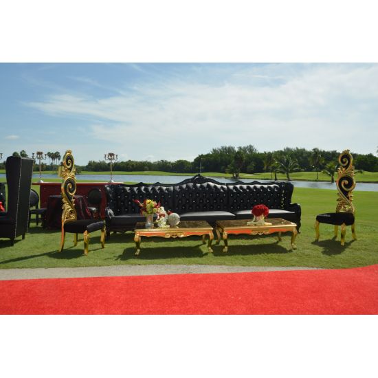 Black Empress 3-piece tufted sofa with ornate carved frame and high back, luxury lounge seating rental for weddings, galas, and events.