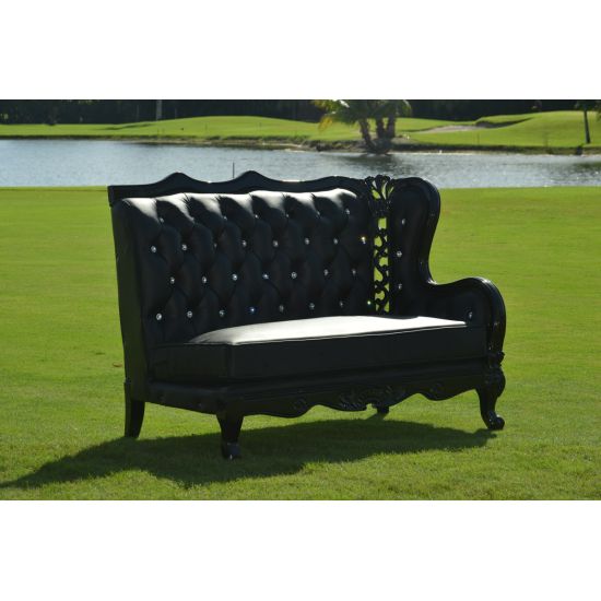Black Empress 3-piece tufted sofa with ornate carved frame and high back, luxury lounge seating rental for weddings, galas, and events.