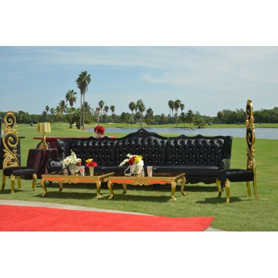 Black Empress 3-piece tufted sofa with ornate carved frame and high back, luxury lounge seating rental for weddings, galas, and events.