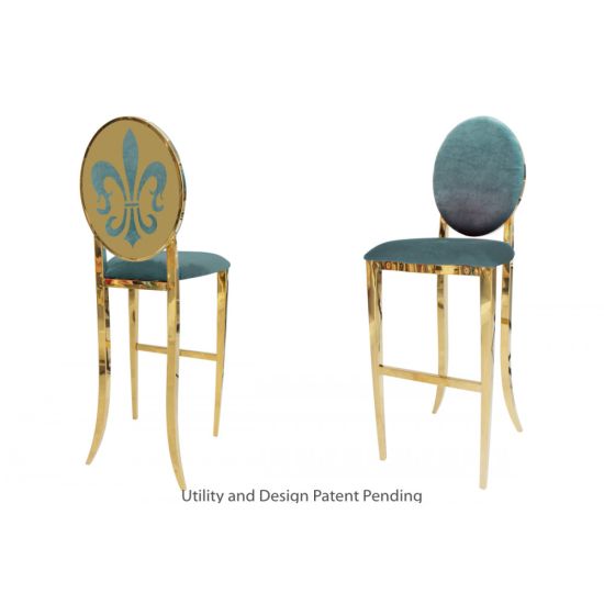 Gold Fleur-de-lis bar stool with Tiffany Blue cushioned seat, ornate metal fleur-de-lis backrest and foot-rail base, luxury event bar seating