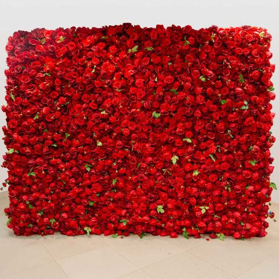 Red rose flower wall backdrop with dense blooms, classic romantic wedding photo backdrop panel for ceremonies and event photo ops.