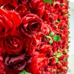 Red rose flower wall backdrop with dense blooms, classic romantic wedding photo backdrop panel for ceremonies and event photo ops.