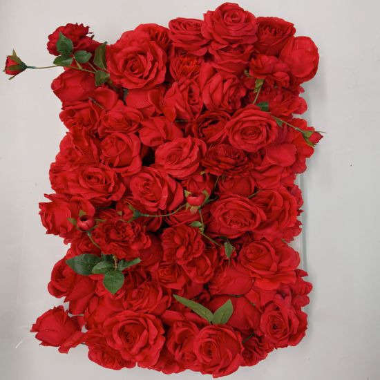 Red rose flower wall backdrop with dense blooms, classic romantic wedding photo backdrop panel for ceremonies and event photo ops.