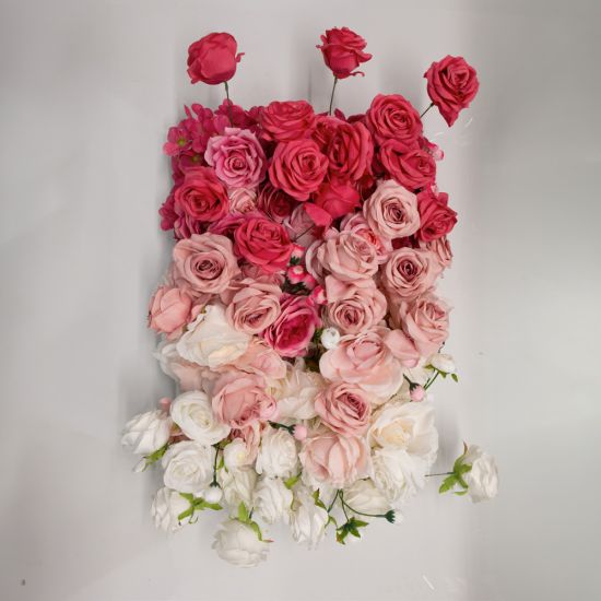 Ombre flower wall backdrop with red, blush, and ivory blooms in horizontal bands, romantic wedding photo backdrop panel for events.