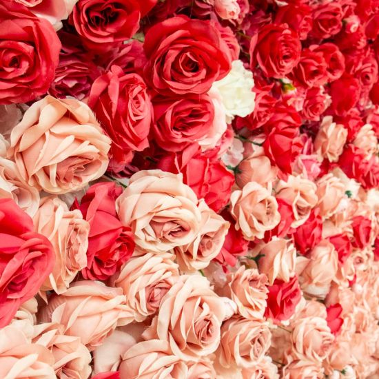 Ombre flower wall backdrop with red, blush, and ivory blooms in horizontal bands, romantic wedding photo backdrop panel for events.