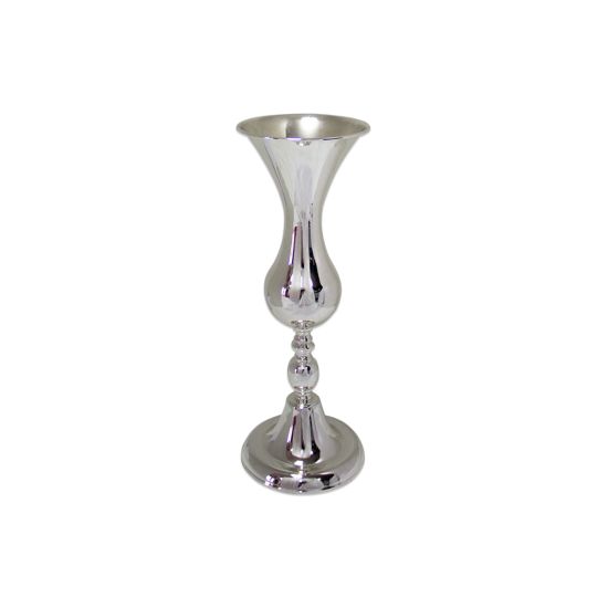 26-inch silver flower pedestal vase with flared trumpet top and sculpted stem, elegant centerpiece stand for weddings.