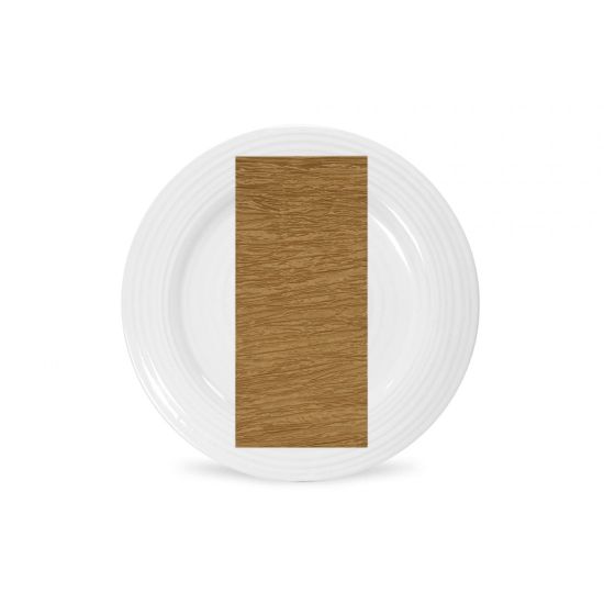 H. gold Fortuny napkin with pleated fabric texture and warm metallic gold tone, folded on a white plate for luxe event tables