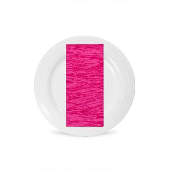 Fuchsia Fortuny napkin with pleated fabric texture and vibrant pink tone, folded on a white plate for bold event table décor