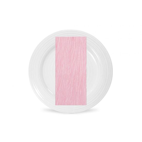 Pink Fortuny napkin with soft pleated texture and light blush tone, folded on a white plate for romantic wedding table styling