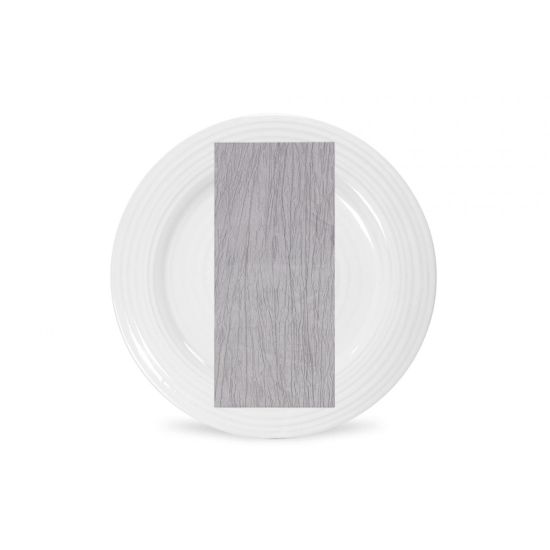 Platinum Fortuny napkin with fine pleated fabric texture and cool gray tone, folded on a white plate for modern wedding and event tables