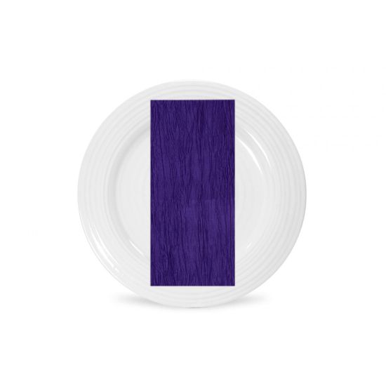 Purple Fortuny napkin with pleated fabric texture and deep violet tone, neatly folded on a white plate for elegant event table décor