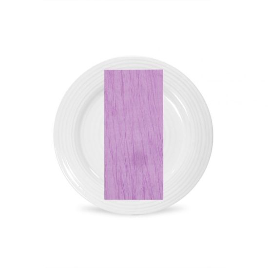 Wisteria Fortuny napkin with pleated fabric texture and soft lavender tone, folded on a white plate for elegant event tables
