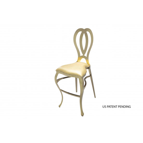 Gold Halexandria bar stool with Gold cushioned seat and curved metal backrest on bar-height frame with foot-rail