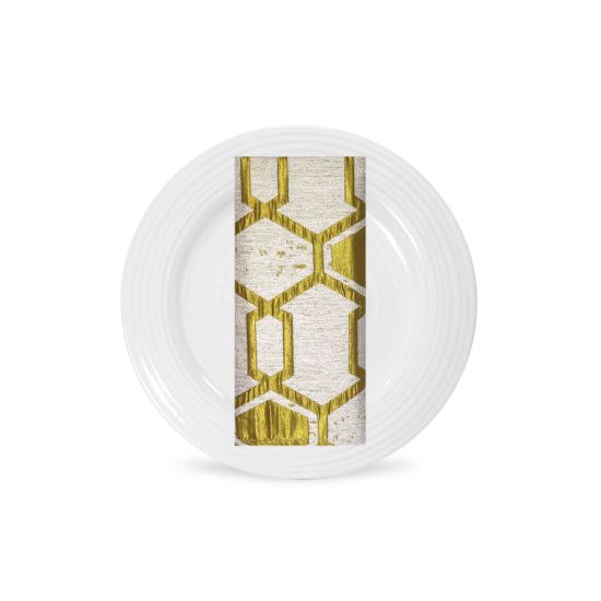 Citron hex napkin with metallic honeycomb pattern in gold tones, neatly folded on a white plate for modern wedding and event tables