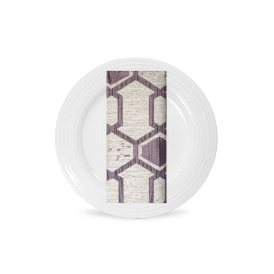 Lavender hex napkin with geometric honeycomb pattern in soft purple tones, folded on a white plate for elegant event table décor