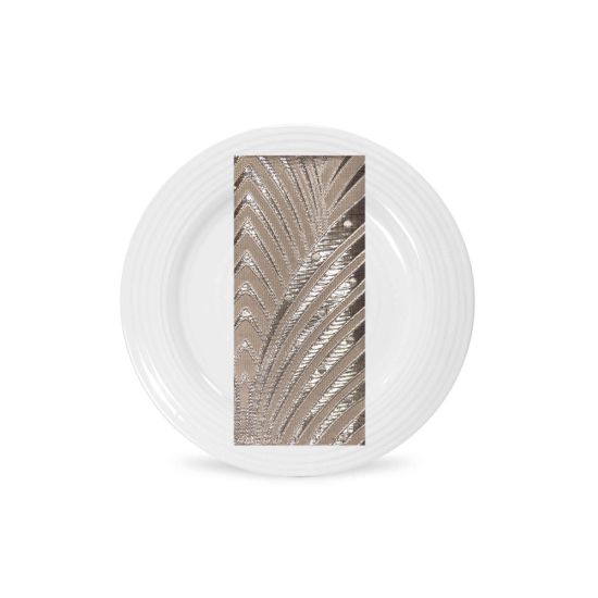 Silver hi-rise napkin with metallic fan pattern folded on a white plate, sleek modern accent for weddings and upscale event décor