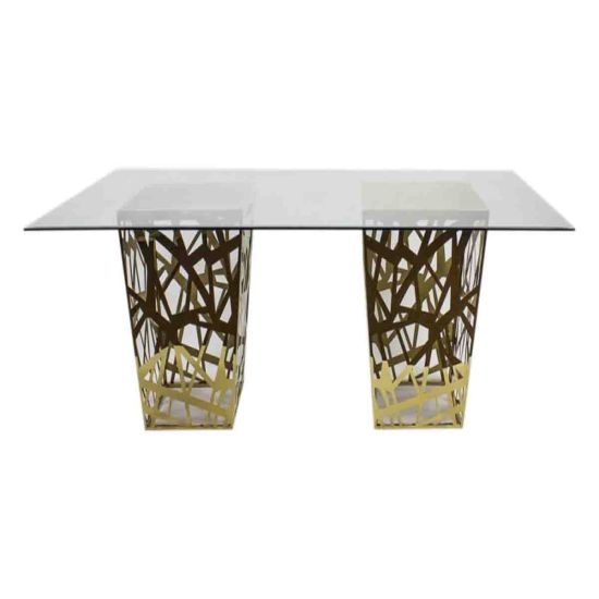 48 × 96-inch clear-glass-top high-boy cocktail table with polished gold open-web metal base for luxury event rental