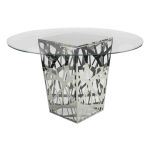 60-inch round clear-glass-top high-boy cocktail table with open-web polished silver metal base for luxury event rental