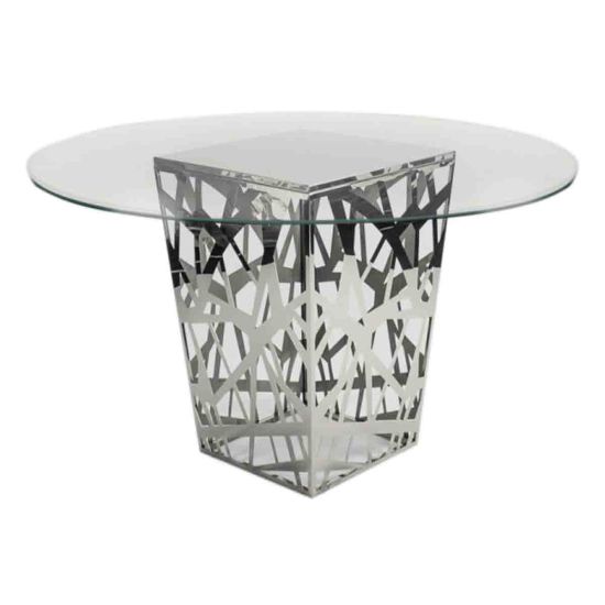 60-inch round clear-glass-top high-boy cocktail table with open-web polished silver metal base for luxury event rental