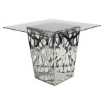 48 × 48-inch clear glass-top high-boy cocktail table with mirrored silver inverted-pyramid stainless-steel base from Reflection collection for upscale event rental
