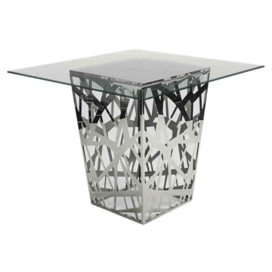 48 × 48-inch clear glass-top high-boy cocktail table with mirrored silver inverted-pyramid stainless-steel base from Reflection collection for upscale event rental
