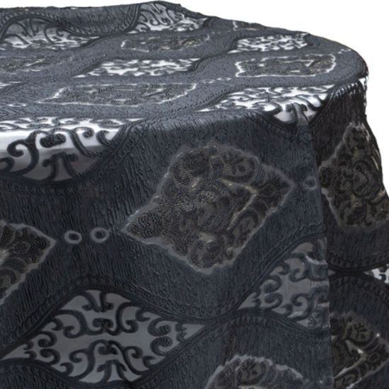 Imperial Black ornate black textured round tablecloth with classic patterned linen for elegant wedding and event table décor rental