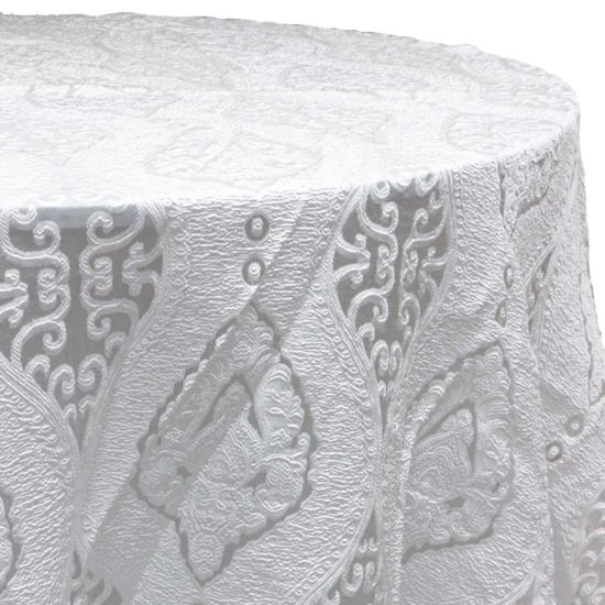 Imperial White ornate white patterned round tablecloth with classic textured linen for elegant wedding and event table décor rental