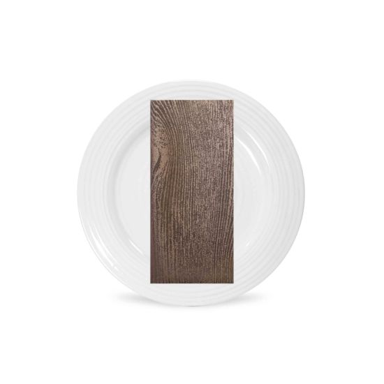 Silver knotwood napkin with woodgrain texture and metallic sheen, neatly folded on a white plate for modern wedding table décor