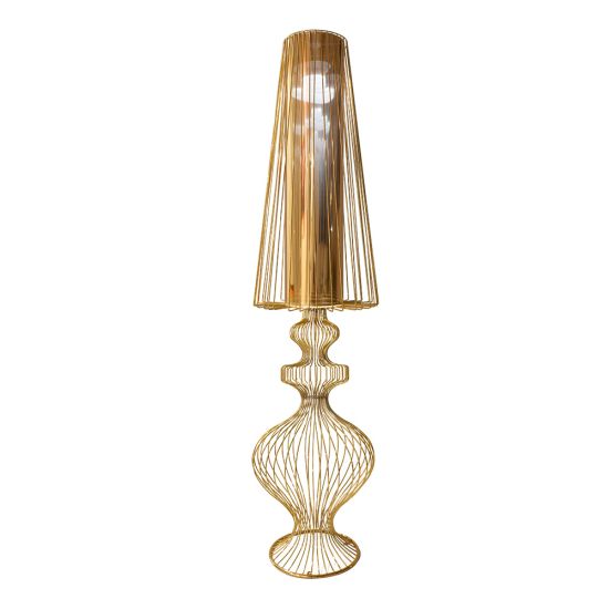 Large gold wire-frame lamp with tall open cage shade and ornate base, luxe accent lighting for weddings, lounges, and event styling.