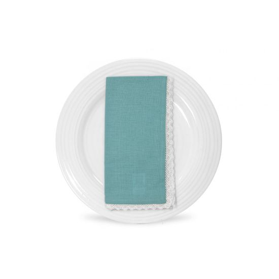 Aqua table napkin with white lace trim detail, neatly folded on a white plate for elegant weddings and formal event table settings
