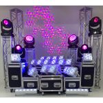 Event uplighting package with truss towers, moving head lights, and LED units on road cases, stage lighting setup for weddings and parties.