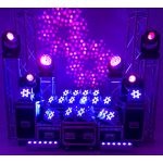 Event uplighting package with truss towers, moving head lights, and LED units on road cases, stage lighting setup for weddings and parties.