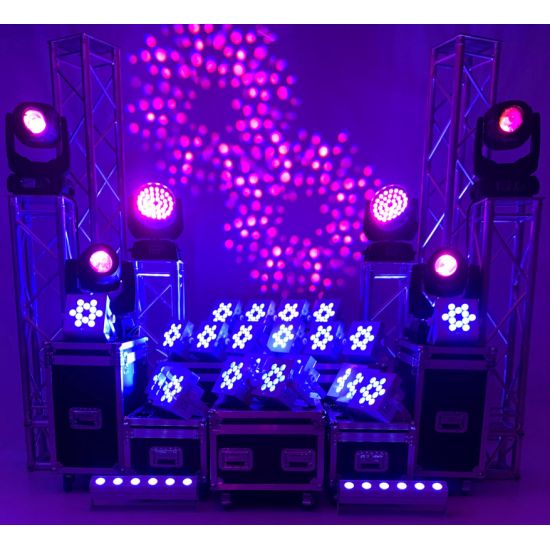 Event uplighting package with truss towers, moving head lights, and LED units on road cases, stage lighting setup for weddings and parties.